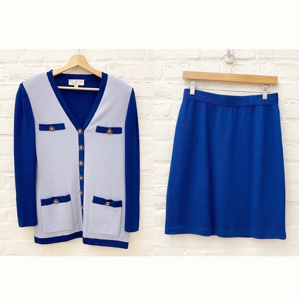 St. John || Santana Knit Set Suit Two Tone Blues Jacket Skirt Small 8